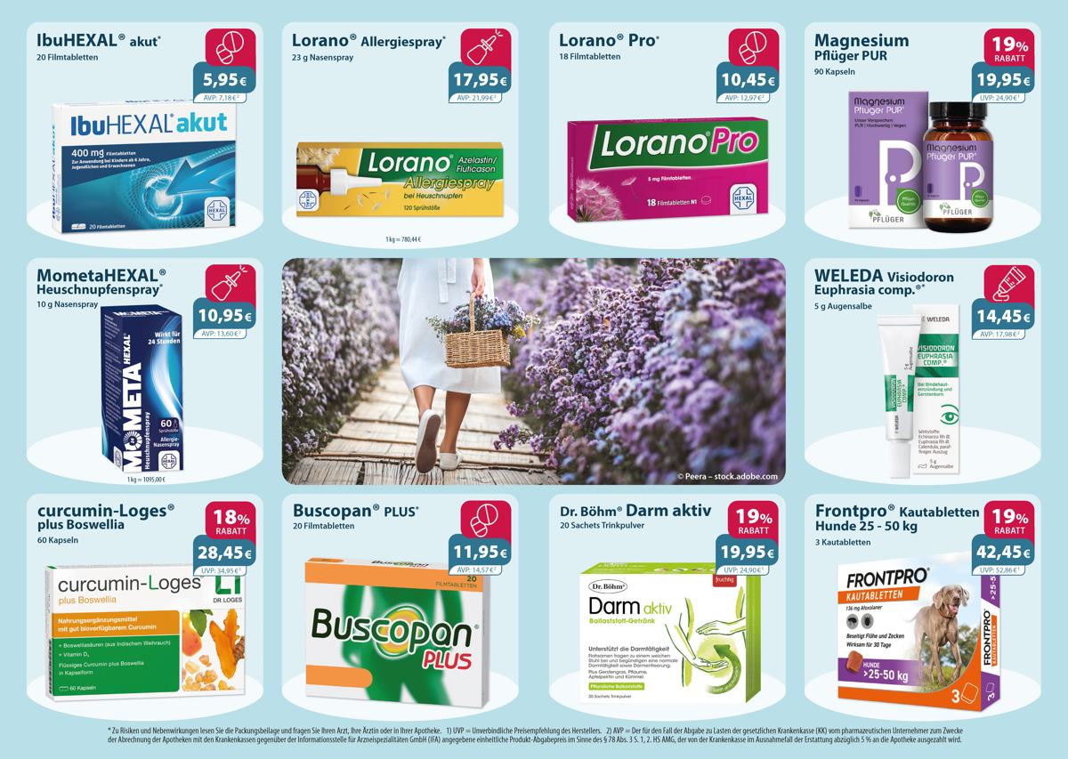 Monatlicher Angebotsflyer der Apotheke mit Informationen zu Öffnungszeiten, Leistungen, Aktionen und wechselnden Produkten aus Gesundheit und Pflege.